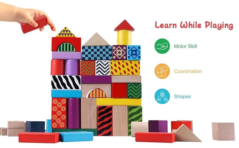 Offelec 50 Pcs Wooden Building Blocks Set with Storage Bucket, Montessori Stacking Blocks & Shape Sorting Toys for Toddlers, Preschool Learning Toys for Boys & Girls, Kids Brightly Colored Blocks thumbnail 7