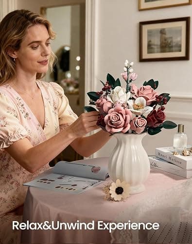 Pink Roses Flower Bouquet Building Blocks Set, Botanical Flowers Brick Kit | 640Pcs Artificial Floral Building Kits, DIY Adjustable Flower Stems Display Decor, Birthday Gifts For Adults, Women & Mom thumbnail 3