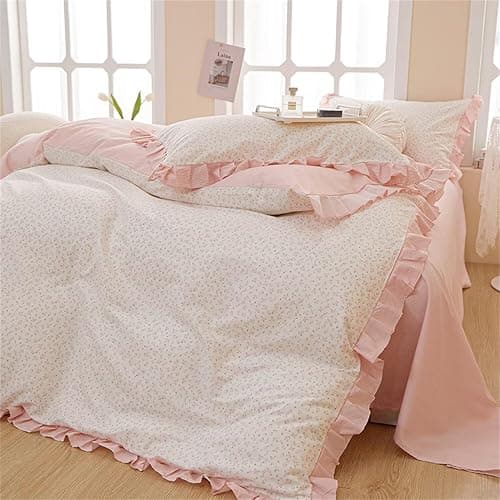 MKXI Full Size Small Floral Ruffle Comforter Set - 3 Piece Countryside Floral Comforter with Pillow Shams, Reversible White Pink Princess Bedroom Collection, Soft Aesthetic Bedding Set for Teen Girls thumbnail 6