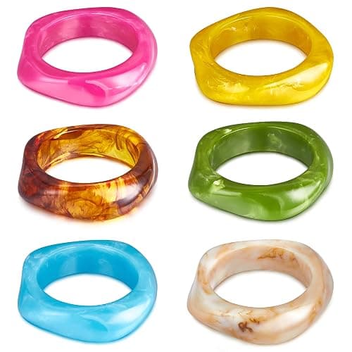 MEDOJO 6 Pcs Colorful Square Acrylic Resin Bangle Bracelet Wide Geometric Irregular Geometric Wristbands Cuff Bangle Bracelet for Women - Image 1