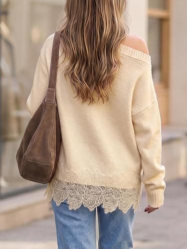 Saodimallsu Womens Lace Patchwork Sweater Long Sleeve Boat Neck Pullovers | Floral Hem, Convertible Neckline, One-shoulder Styling, Soft Knit, Relaxed Fit, Date Night, Office thumbnail 6