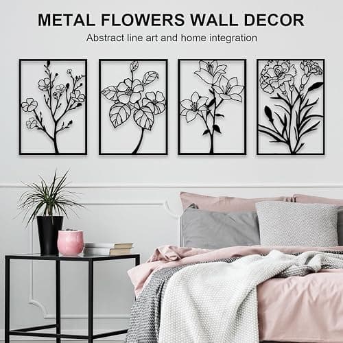 ZNZAPO 4 Pcs Black Metal Flower Wall Art, Abstract Line Art Wall Decor, Minimalist Floral Wall Hanging Art, 3d Wall Art Sculptures Decor for Living Room Bedroom Bathroom (11 × 15.7”) thumbnail 3