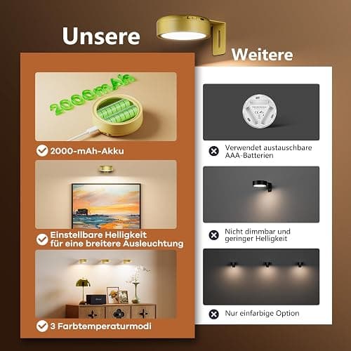 3 Stück Bilderleuchte Kabellos mit Fernbedienung, 2000mAh USB Aufladbar LED Dimmbar Bildbeleuchtung Kabellos, Magnetisch Wandlampe mit 3 Farbtemperaturen & Timer für Bilder GemäLde Kunst Wand (Gold) thumbnail 6
