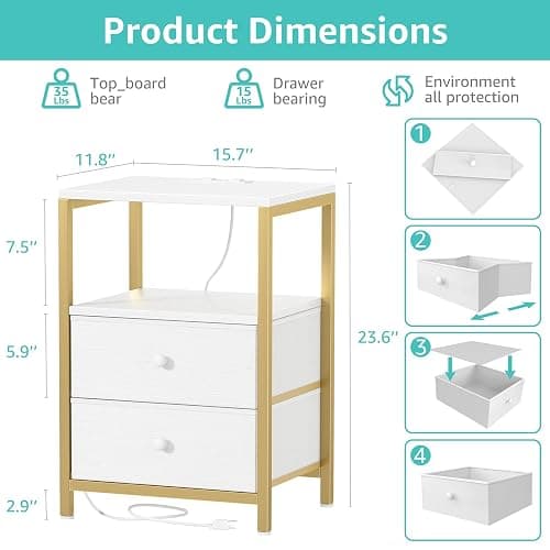 BOLUO Gold Nightstand with Charging Station, LED Night Stand with 2 Fabric Drawers, Bedside Table with USB Ports and Outlets, Nightstand for Bedroom Modern thumbnail 3