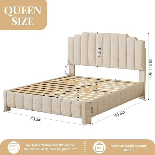 HDDDZSW Queen Bed Frame with Adjustable Headboard, Upholstered Platform Bedframe, Boucle Queen Size Bed Frame, Solid Wood Slats Support White Bed Frame for Bedroom, No Box Spring Needed thumbnail 2