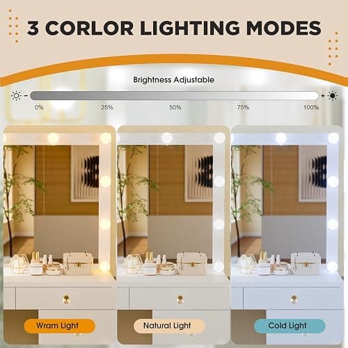 Likein Vanity Desk with Mirror and Lights, White Vanity with Hidden Jewelry Storage Cabinet, Charging Station, 11 Drawers Makeup Vanity with Lights, Crystal Knobs, 3 Color Lighting Modes for Girls thumbnail 5