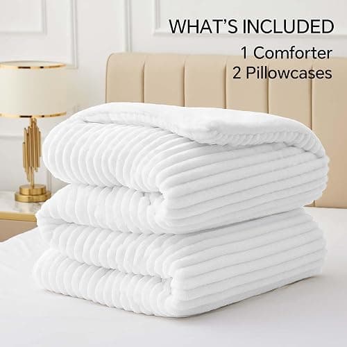 BEDELITE Fleece Queen Comforter Set -Super Soft & Warm Fluffy Bright White Bedding, Luxury Fuzzy Heavy Bed Set for Winter with 2 Pillow Cases thumbnail 7