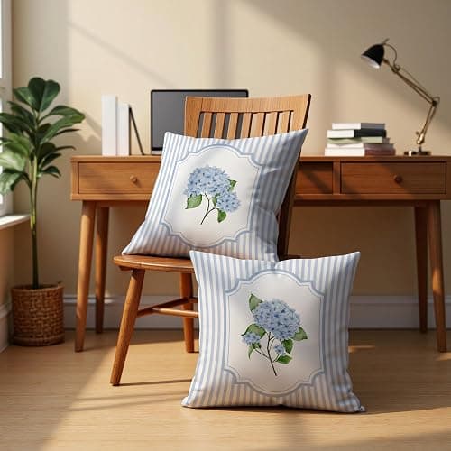ZNGFON Vintage Blue and White Striped Hydrangea Floral Pillow Covers 18x18 Set of 2, Floral Room Decor, Rustic Blue and White Striped Botanical Flower Pillow Covers Decor thumbnail 4