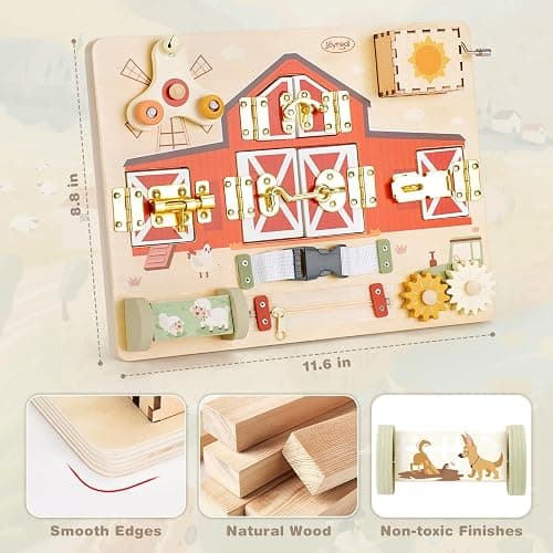 Joyreal Wooden Montessori Busy Board with Music Box for Toddlers | Farm Theme Sensory Activity Board, Fine Motor Skills Travel Toy, Educational Learning Toy, Birthday Christmas Gift thumbnail 2