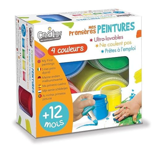 Créa Lign | Mes 1ères Peintures 12 mois+ | Coffret 4 Pots 80 ml (Rouge, Vert, Bleu, Jaune) | Lavable, Non Coulante | Activité Créative pour Bébés et Tout-Petits - Image 1