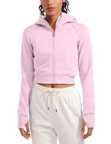 CRZ YOGA Womens Fleece Zip Up Cropped Hoodie Workout Jacket Athletic Casual Long Sleeve Sweatshirts with Thumb Holes - Small - Pink Peony - Image 1