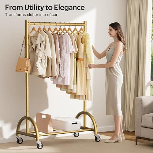 MISSLO Heavy Duty Clothing Rack with Wheels Rolling Clothes Racks for Hanging Clothes, Coats, Garment, Dress, Gold, 30" W thumbnail 6