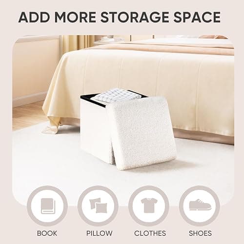PINPLUS Storage Ottoman Cube Square Shaped Ottomans with Storage Foot Stool Footrest for Lving Room Boucle Ottoman Seat for Dorm Room,Faux Teddy Fur White,12.6"x12.6"x12.6" thumbnail 5