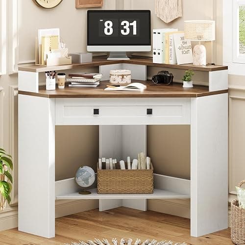 Corner Desk, Triangle Computer Desk Home Office Workstation with Drawer and Monitor Stand for Small Spaces Farmhouse Corner Vanity Table for Bedroom Study, Living Room (Rustic White and Brown) thumbnail 2