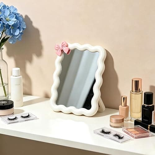 Wave Desk Makeup Mirror with Adhesive Bow,Office Mirror 6.7x5.3In(White) | for Standing or Hanging;Wave Shape;Thickened Plastic and Glass Material;One Sided Mirror;No Magnification thumbnail 6