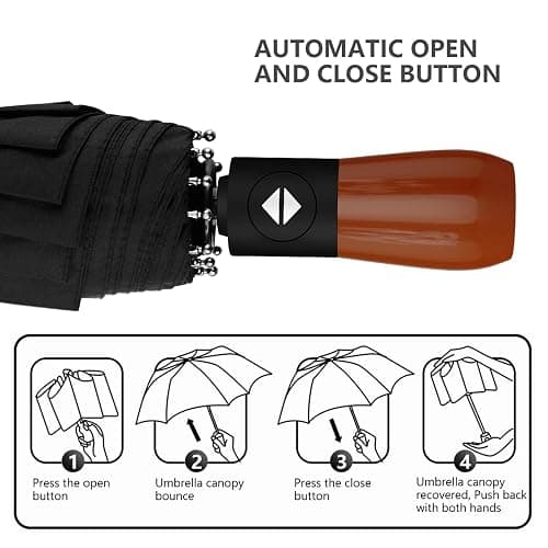 MIKAFEN Umbrella Windproof With Wood Handle - Travel and Automatic, Umbrella Compact for Men and Woman - with 10 Ribs Fiberglass and Compact Rain Protect（Black） thumbnail 7