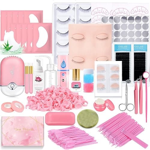Lash Extension Kit Professional Eyelash Extensions Supplies Training for Beginners Mannequin Head Grafting Lash USB Fan Lash Shampoo Brush Spraye 0.07D Curl Mix 8-15mm Practice Eyelash Strips - Image 1