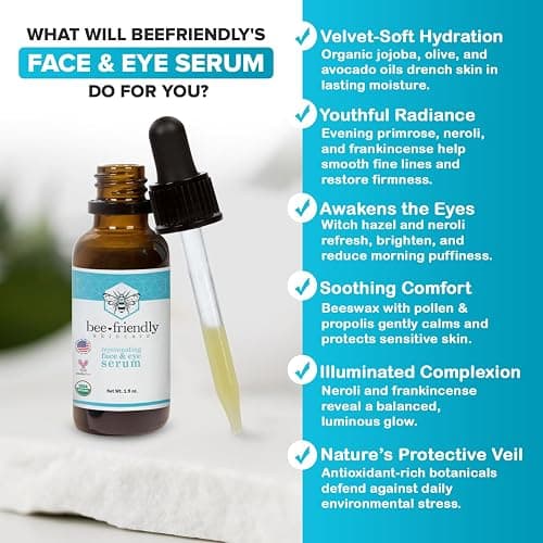 Organic Face & Eye Serum By BeeFriendly, Deep Hydration, Nourishes, Tightens, and Firms Facial Skin, and Lifts Facial Skin USDA Certified & All Natural Serum for Face, Women or Men, 1 oz thumbnail 3
