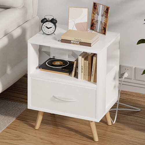 Aenuert Night Stand with Charging Station, White Kids Nightstand with Drawer, 3-Tier Nursery Bedside Table with USB Ports and Outlets, End Table for Small Space, Living Room, Bedroom - Image 1