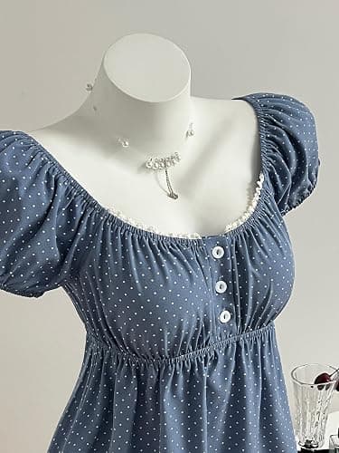 Verdusa Women's Cute Babydoll Tops Polka Dots Flowy Going Out Outfits | Peplum Tops For Teen Girls, Summer Flowy Tops, Gingham Tops, Bubble Sleeve, Y2K Outfits thumbnail 4
