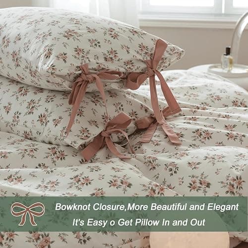 VM VOUGEMARKET Pink Flower Duvet Cover Set Twin 3 Pieces Girls Cottagecore Bedding Set 100% Cotton Peach Floral Comforter Cover with Zipper Closure,Vintage Country Bedding-68x86 Inch thumbnail 5