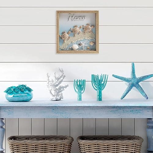 pechpell 3D Beach Wall Decor, 6" Wooden Framed Home Sign with Sea Turtle Starfish Seashell Conch, Summer Coastal Art Ocean Beachy Themed Room for Bathroom Bedroom Table Shelf Office Desk Decorations thumbnail 4