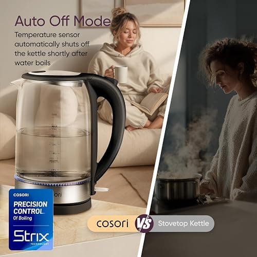 Cosori Electric Kettle, No Plastic Contact With Water, Wide Mouth For Easy Cleaning, Auto Shut Off, 1.7L Tea Kettle & Hot Water Boiler, Water Heater & Teapot, Borosilicate Glass, Black, 1500W thumbnail 7