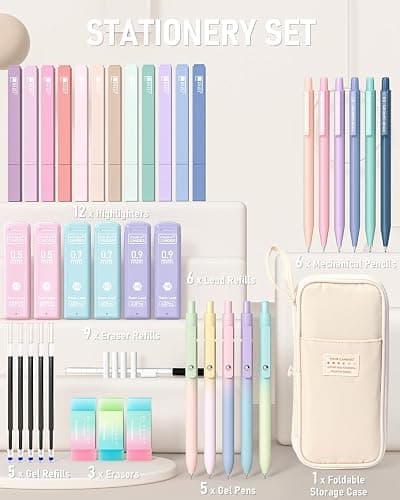 Four Candies 39 PCS Aesthetic School Supplies with Cute Pen Case, 12 Pastel Highlighters, 5 Black Ink Gel Pens, 6 Mechanical Pencils Set for Students Stationery College Essentials, Cream thumbnail 2