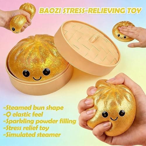 PandaXun Dumpling Squishies Toys, Giant Glitter Dumpling, Jumbo Steamed Bun Sensory Stress Relief Ball, Novelty Desk Soft Squeeze Decompression Gift for Adults (Glitter White, 1pcs) thumbnail 3
