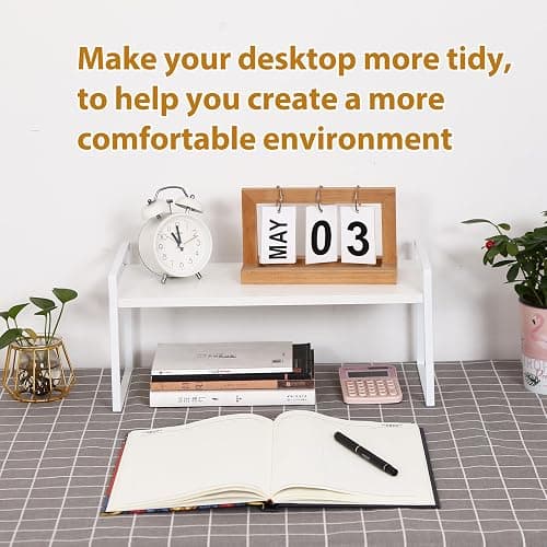 YGYQZ Wood Office Desk Shelf Organizer - Desktop Supplies Cute Dresser Top Organization Storage Rack and Cubicle Decor Aesthetic Bookshelf for Women Man and Kids(White-Single Tier) thumbnail 7