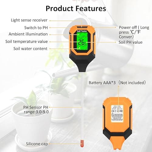 4-in-1 Soil Moisture Meter Digital PH Meter/Soil Moisture/Plant Temperature/Sunlight Intensity, Backlight LCD Display, Soil Test Meter for Garden, Lawn, Plant Care, Farm and Indoor Outdoor Plants thumbnail 2