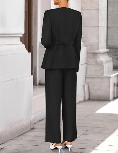 ZESICA Women's 2025 Fall Two Piece Suits Set Casual Business Long Sleeve Blazer Jacket Wide Leg Pants Work Outfits Sets thumbnail 6