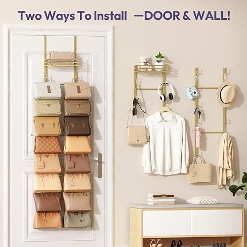 SWTYMIKI Over the Door Purse Organizer - Wall Mounted Handbag Organizer with 16 Hooks and Metal Basket, Hanging Purse Storage Rack Holds up to 16 Bags, Bag Rack Can Use As 1/2 Part, for Door, Closet thumbnail 4