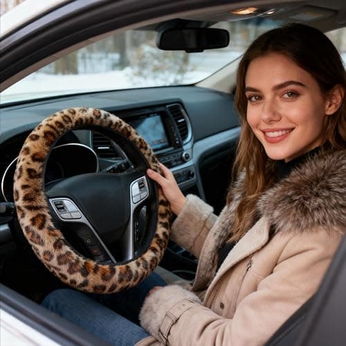 Brown Leopard Print Fuzzy Steering Wheel Cover for Women, Universal Auto Steering Wheel 14-15 Inch Soft Warm Car Interior Accessories with 2PCS Car Coasters, Suitable for Men and Women thumbnail 4