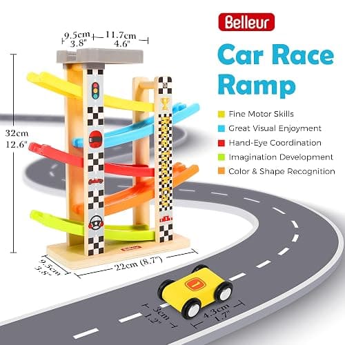 Belleur Montessori Toy for 1-3 Years Old Boys and Girls, Kid Race Track Car for Toddlers with 5 Mini Cars & 5 Ramps, Wooden Montessori Car Ramp Toy Set for Babies' Birthday Gifts, Visit Gifts thumbnail 2