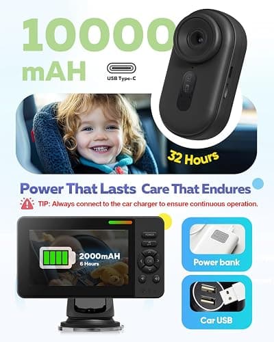 Elzeeo Wireless Baby Car Camera with 1080P Advanced Night Vision and 32H Battery, No Wi-Fi Needed Easy Setup Car Baby Monitor with Video Recording Adjustable Angle, Newborns Travel Essentials Gifts thumbnail 3