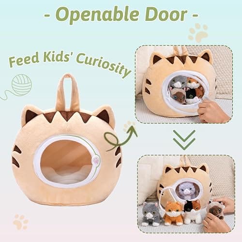 OUOZZZ Cat Stuffed Animal House with 5 Soft Cat Toys for Kids, Portable Gift Set thumbnail 3