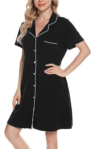 Vlazom Women Soft Nighties V-Neck Button Down Nightdress Classic Boyfriend Style Sleepshirt Relaxed Nightshirt Sleepwear - Image 1