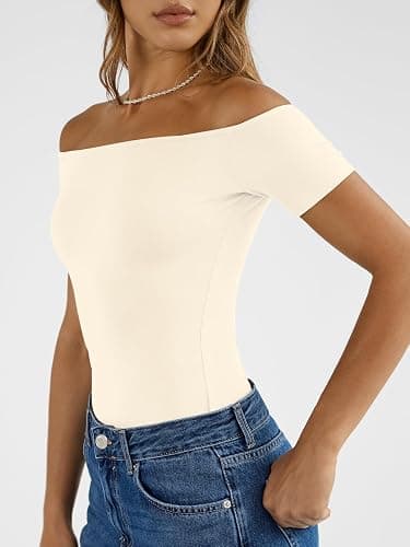 Trendy Queen Summer Off The Shoulder Tops for Women Going Out Short Sleeve Shirts Cute Y2K Sexy Basic Clothes 2026 Fashion thumbnail 3