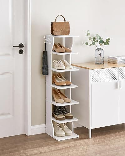 VASAGLE 7-Tier Vertical Shoe Rack, Narrow Shoe Storage Organizer with Hooks, Slim Corner Tower Shelf, Space-Saving for Entryway and Bedroom, White ULBS200T14 thumbnail 2