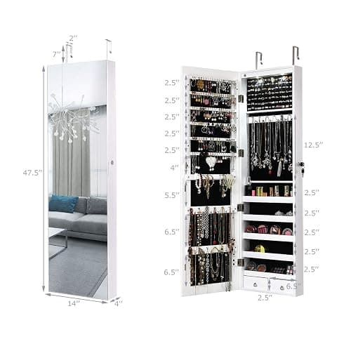 Giantex Wall Door Mounted Jewelry Armoire Cabinet with 47.5" Full Length Mirror, 2 LEDs Lockable Jewelry Organizers and Storage with 2 Drawers, Over the Door Jewelry Organizer Cabinet (White) thumbnail 3