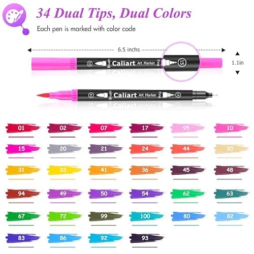 Caliart 34 Double Tip Brush Pens Art Markers, Artist Fine & Brush Pen Coloring Markers for Adult Book Cards Drawing Craft Kit Teacher Office Supplies thumbnail 2