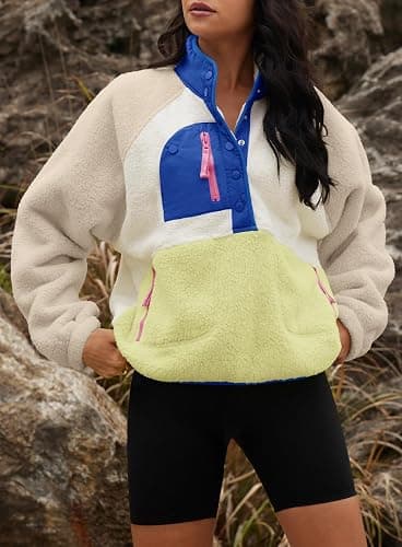 Yanekop Womens Fuzzy Fleece Pullover Sherpa Sweatshirt Long Sleeve Button Down Sweater Winter Fleece Jacket with Pockets thumbnail 5