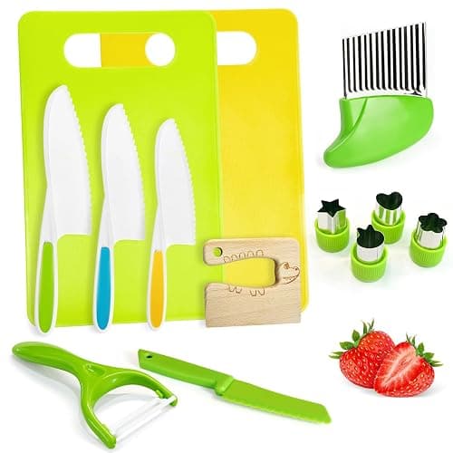 Chanking 13 Pieces Kids Safe Knife Set for Real Cooking Child-Friendly Plastic Chef Tools Montessori Kitchen Toys for Toddlers Birthday Gifts for Boys and Girls Ages 4+ (A) - Image 1
