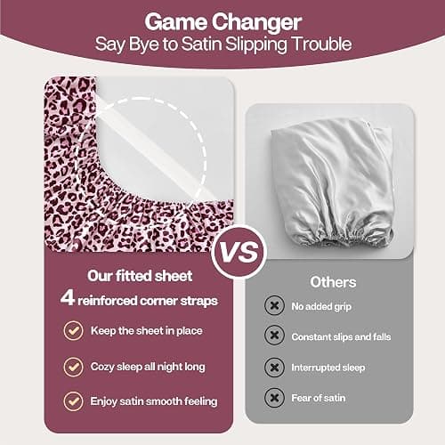MR&HM Satin Fitted Sheet King Size, Silky Bottom Sheet with Elastic Corner Straps, Deep Pocket up to 15 Inch, No More Slipping Off for Mattress - 1 Fitted Sheet Only (Pink Leopard) thumbnail 3