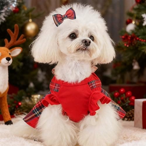 FLAdorepet Reindeer Dog Christmas Dress with Hair Bow,Pet Cat Antler Costume Holiday Outfits,Classic Red Plaid Puppy Skirt Dresses Clothes for Small Medium Dogs Girl,L thumbnail 4