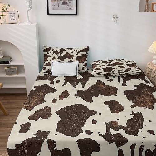 NOGAWA Cow Print Sheets Twin XL Size, Western Rustic Farmhouse Bed Sheets, Animal Print Bedding Sheets & Pillowcases 3 Piece Set - Microfiber Deep Pocket Fitted Sheet & Flat Sheet & Pillow Case thumbnail 3