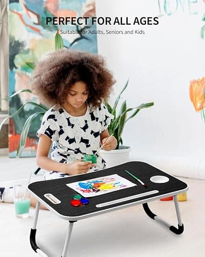 FISYOD Foldable Laptop Table, Portable Lap Desk Bed Table Tray, Laptop Stand with Cup Holder & Tablet Slot & Lifting Handle for Working Writing Drawing & Eating (Black Grain) thumbnail 4