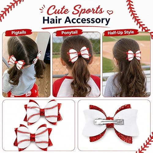 Danyarts 2PCS Baseball Hair Bow Clips for Girls, Game Day Baseball Bows | 2 red glitter baseball bow clips with alligator clips for girls, for game day, softball, team spirit and sports events. thumbnail 4