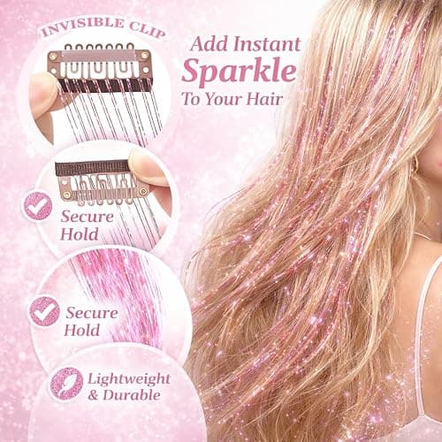 Hair Tinsel 12 Pcs Clip in Hair Tinsel Kit for Girls 22 Inch Glitter Fairy Tinsel Hair Extensions Colorful Heat Resistant Party Festival Accessories for Women (pink/multicolor-12 Pcs) thumbnail 3